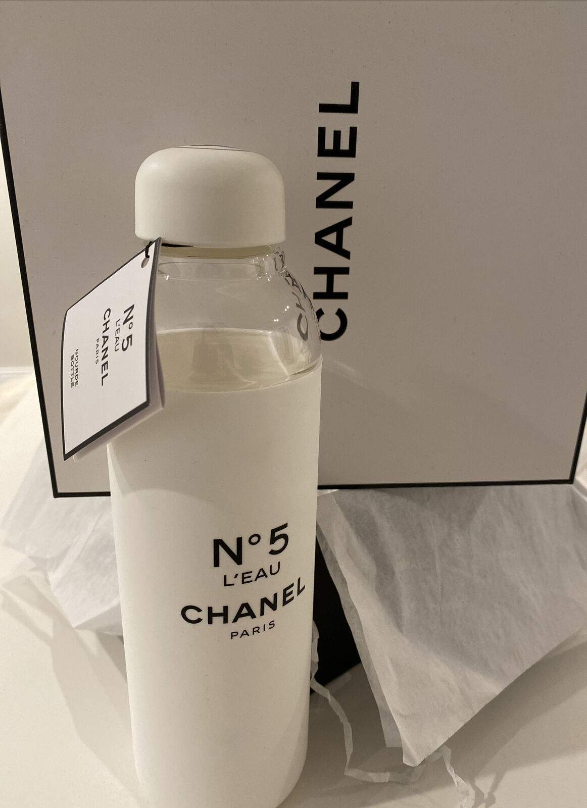 Chanel Factory 5 Limited Edition Glass Water Bottle With Fish Net Bag &  Gift Box