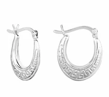 Greek Key Design Oval Hoops in Sterling Silver, 18mm