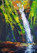 Original Acrylic Landscape Painting On Panel Hand Made Mountain's Waterfall Art