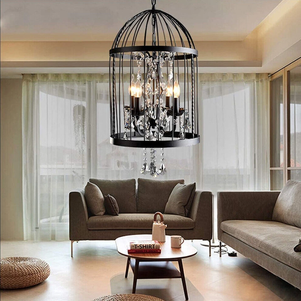 Lámpara de araña colgante de cristal vintage de 4 luces de hierro forjado para jaula de pájaros Foto 2 de 4