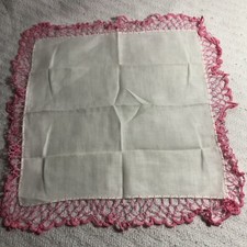 Vintage Ladies Handkerchief White w/ Pink Ruffly Crocheted Trim Something Old