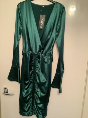 boohoo emerald green dress New TALL plunge Front Satin Size S Fits Size 10 as the emerald satin black bodysuits Ankara Straight Gown - Color:TURKISH TILE emerald green prom dress