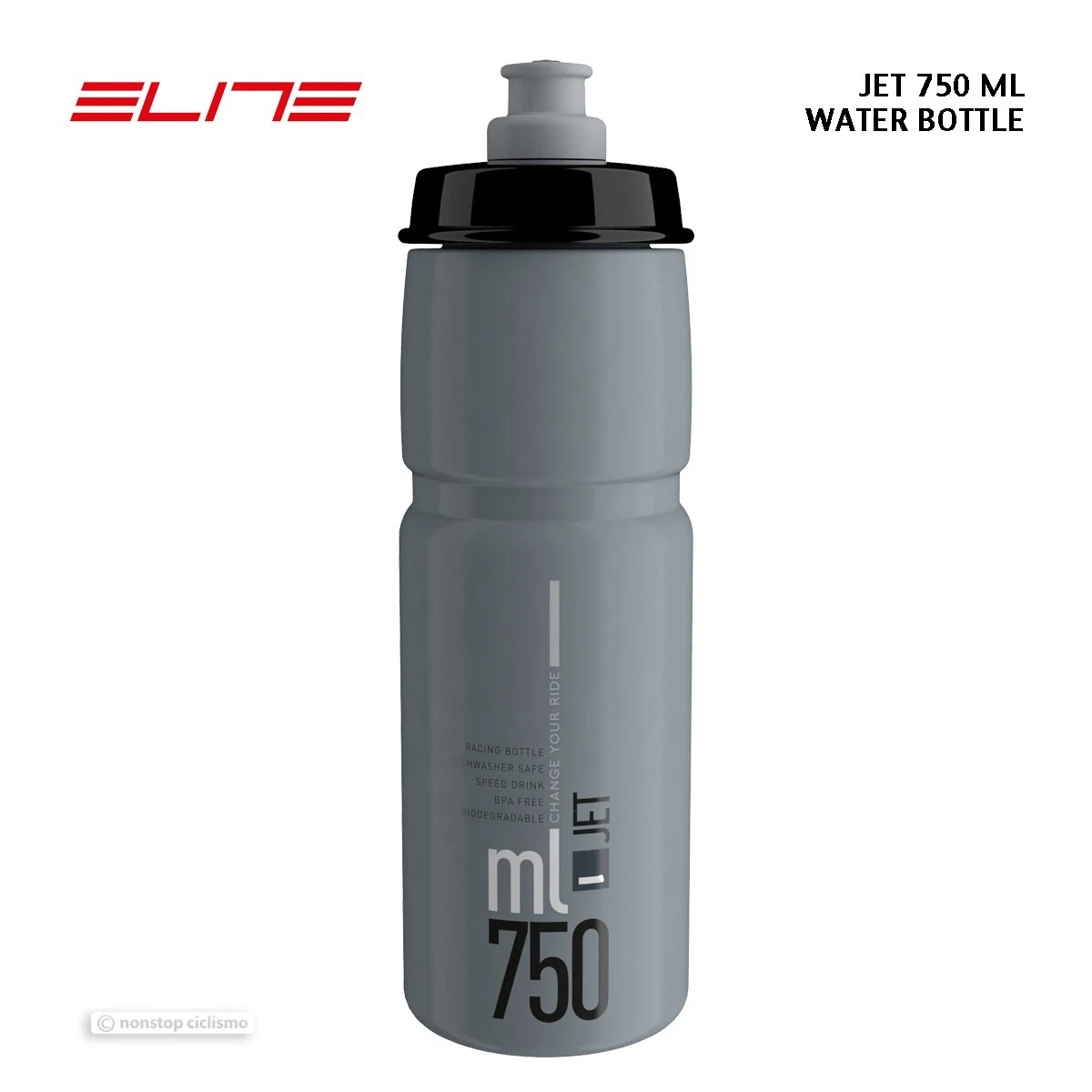 Elite JET Cycling Water Bottle BPA Free 750ml GREY BLACK