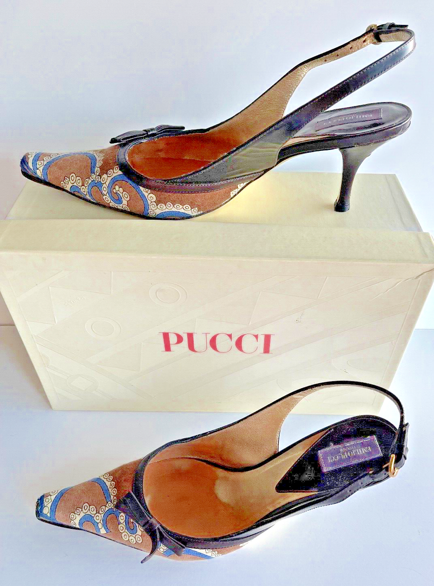 EMILIO PUCCI Firenze ITALY Leather Shoes Tan Blue Silk Slingback 3