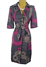 HOBBS Purple Black Grey Silk, Tie Front Dress with Pockets, Pop Front UK8