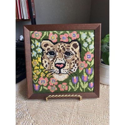 Vintage Needlepoint Leopard Cheetah Wall Art Framed, Mid Century Modern, Cat