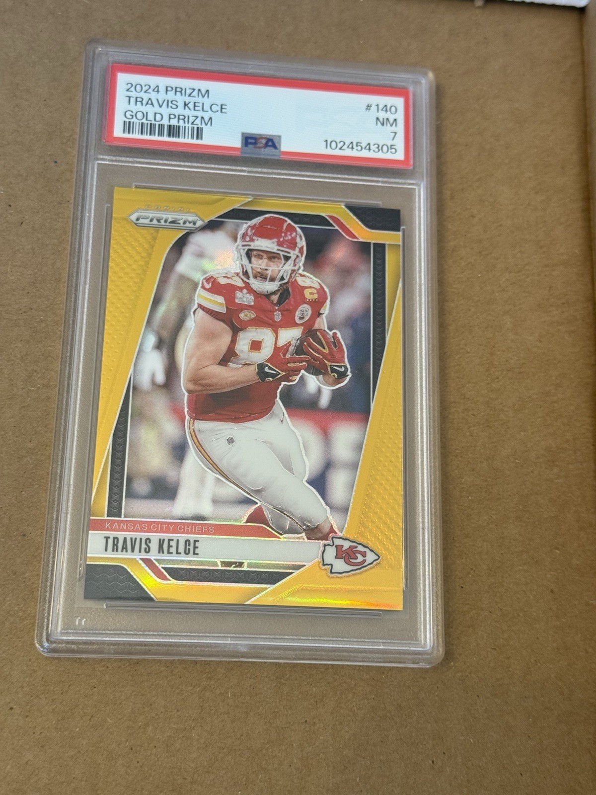 2024 Prizm Travis Kelce True Gold Prizm SSP Stamped 01/10 Card 140 Graded PSA 7 view 6