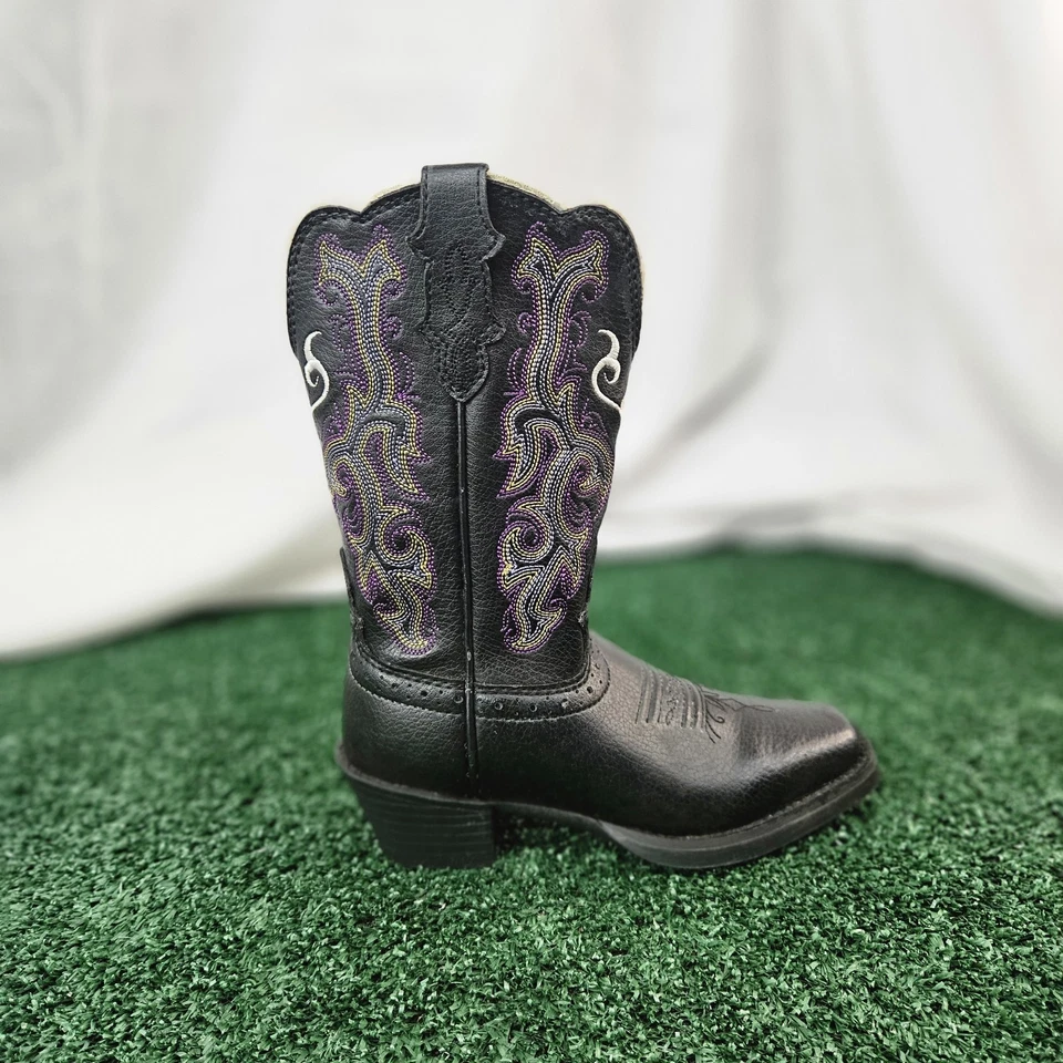 Bota estampida Justin 2554JR niños 9D cuero de vaca negro púrpura puntada blanca Foto 4 de 4