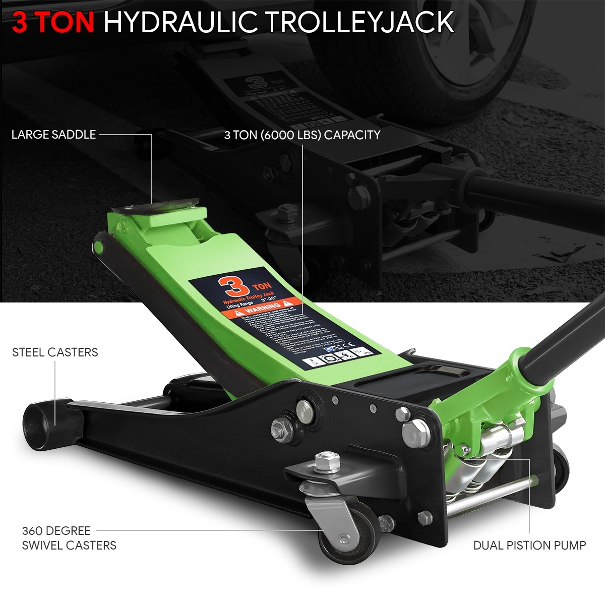 3in-20in 6000lbs Lightweight Hydraulic Green Garage Jack (3 Ton