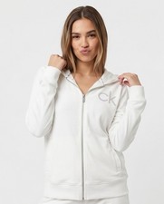 Calvin Klein Women s White Full Zip Hoodie Rhinestone CK Logo Size L