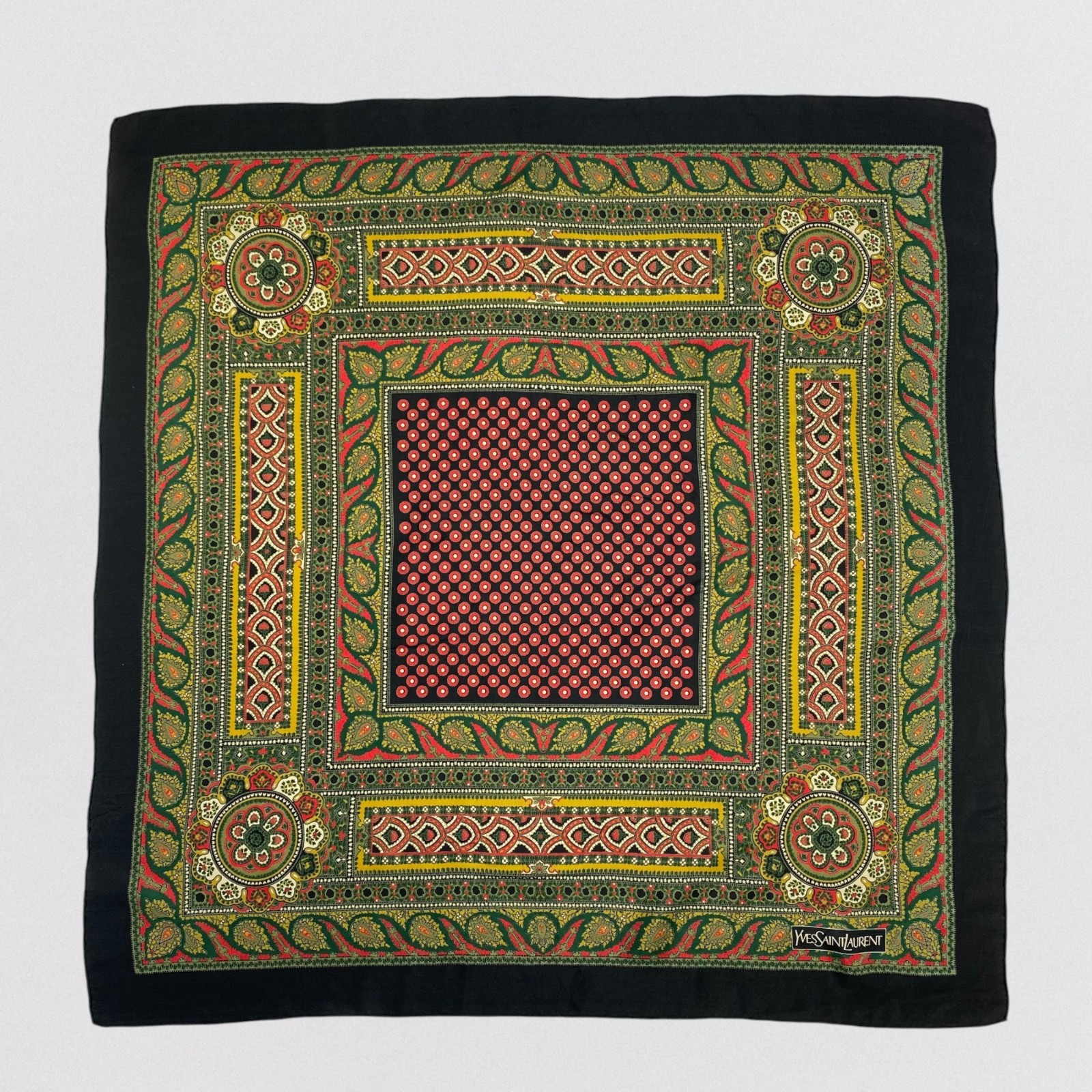 Vintage Yves Saint Laurent Silk Scarf Paisley Floral Foulard Black Red Gold 31