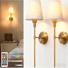 Battery Operated Wall Sconce Set of 2, 7 Color Wireless Light, Gold Shade