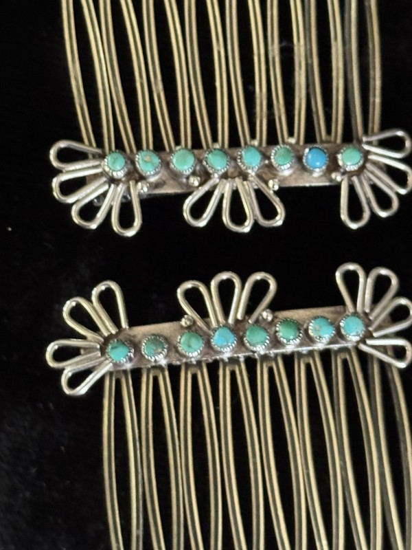 2 Native American Turquoise Row Sterling Silver Hair Combs Wire Design