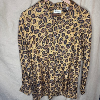Y2K 100% Silk Leopard Print Button Down Blouse Medium Vintage