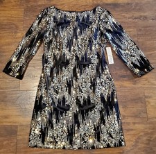 Eliza J Women's Dress Size 12 Black Velvet Sequin Long Sleeve Shift Dress New