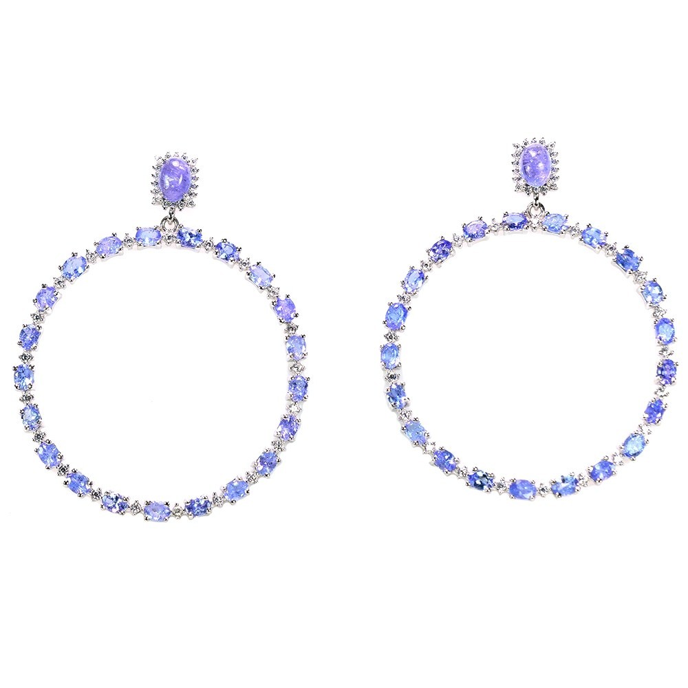 Natural Aaa Blue Tanzanite & White Cz Sterling 925 Silver Dangle Earring