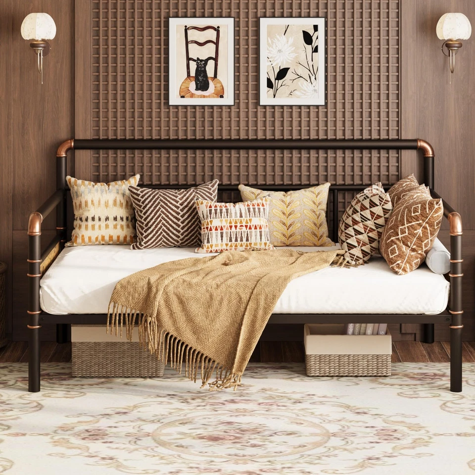 Cama de día doble con cabecero, marco de cama doble de metal listones de acero de alta resistencia, sofá... Foto 3 de 4