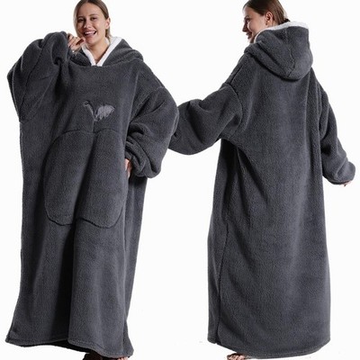 Extra Long Hooded Flannel Blanket Wearable Winter Throw for Men & Women