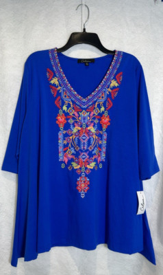 Calessa Size 1X Multi Embroidered V-Neck Tunic 3/4 Sleeve  95% Cotton