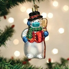 OLD WORLD CHRISTMAS SNOWMAN w/FACE MASK PANDEMIC GLASS CHRISTMAS ORNAMENT 24209