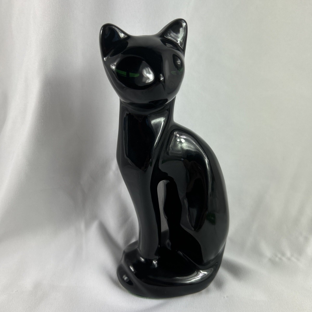 Vintage Mid Century Porcelain Black Cat w/ Green Eyes Statue