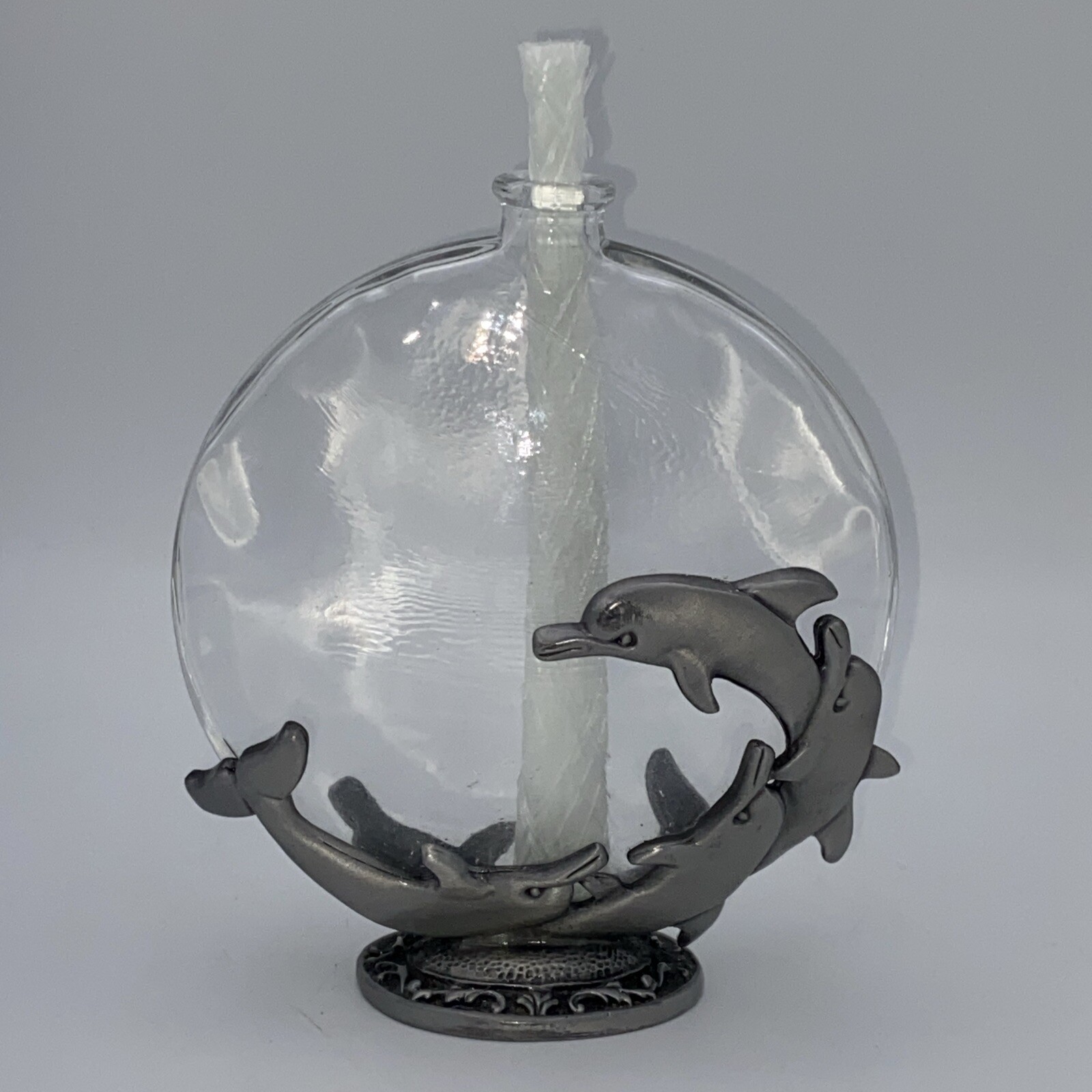 Vintage Pewter & Glass Dolphin Swimming Circle Oil Lamp Vase