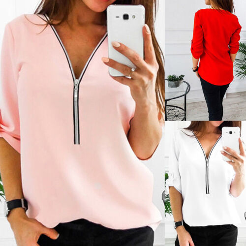 Women's Long Sleeve VNeck Loose Chiffon Blouse Shirt Lady Tops Casual T-Shirt - Picture 1 of 26