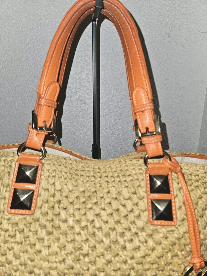 MICHAEL Michael Kors Santori Beige/Orange Raffia and Leather Basket Tote 18x12x5 - Image 4 of 4