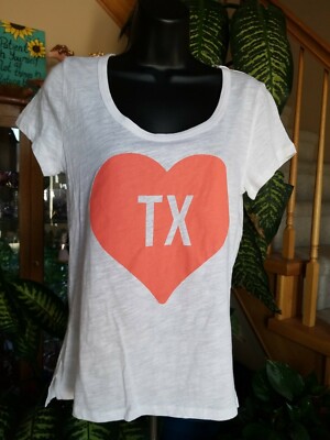Timing Top Juniors Casual T Shirt White Short Sleeve Heart Graphic with TX, L