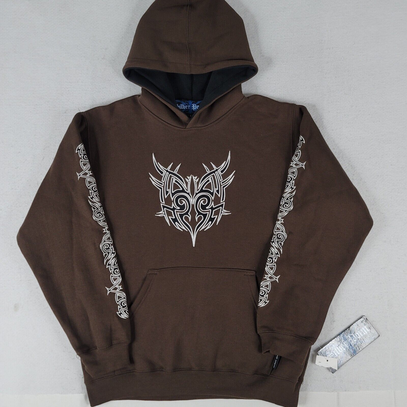Vintage Y2K Hoodie Womens Large Brown Embroidered Tribal Graphic Silver Point 