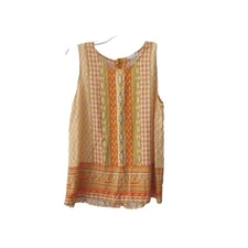 CHRISTIAN SIRIANO Yellow Orange Green Print Button Back Sleeveless Shirt Sz L