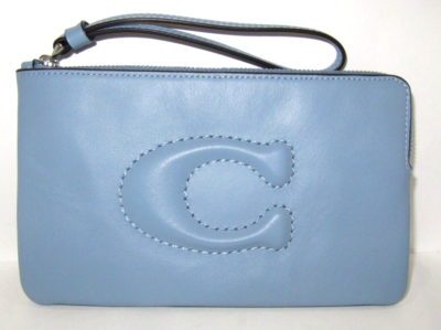 Coach New CR392 Large Corner Zip Wristlet Light Blue Smooth