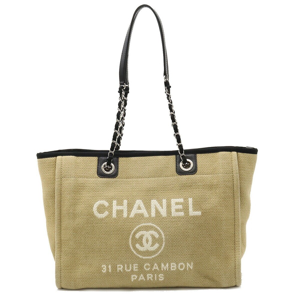 CHANEL Deauville MM Tote Chain Shoulder Exellent Canvas Beige Black C103014