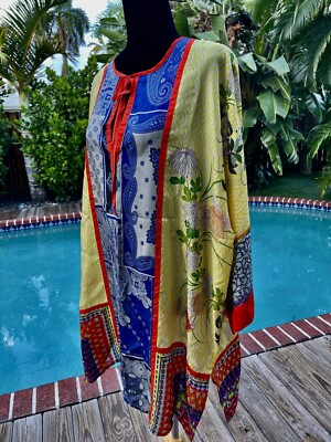 Johnny Was Brilliant Silk Multi Color Boho Dress Tunic Blouse Long Top XL