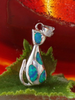 KX Anhänger Katze Kätzchen Feueropal Opal blau Sterling Silber 925