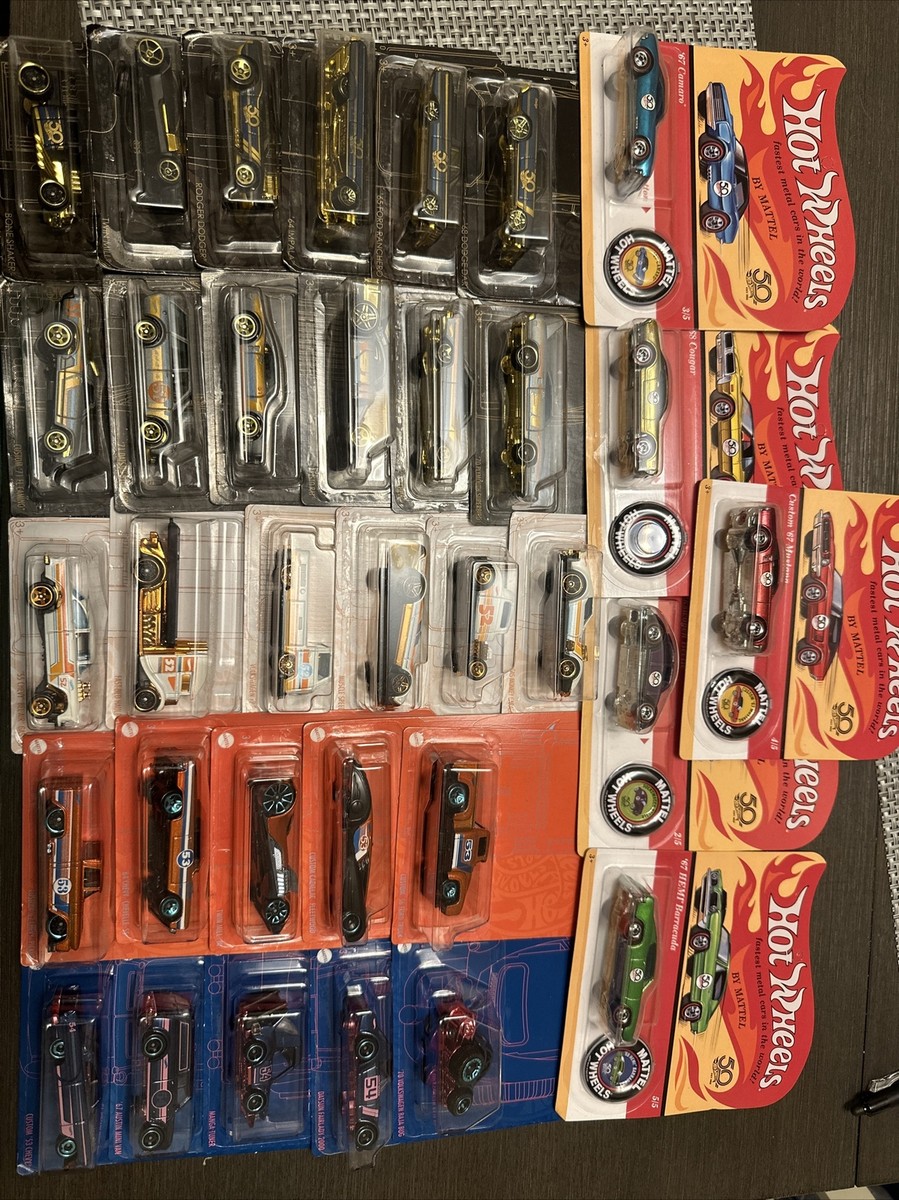 hot wheels 50th Anniversary redline set (2017) cars with bottons w/ list