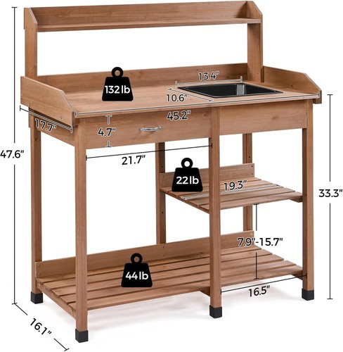 45.2x17.7x47.6'' (LxWxH) Potting Benches Outdoor Garden Potting Table Work Bench - Picture 14 of 35