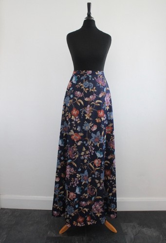 Vintage 1970s Maxi Skirt Floral Navy A-Line Retro Boho Summer Hippy Skirt 4 6 - Picture 5 of 12