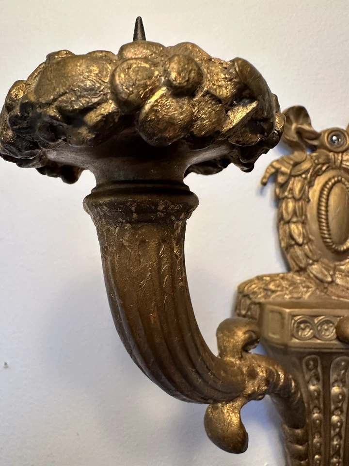 Neoclassical ornate bronze wall candelabra, Gilded Bronze Metal. - Image 4 of 4