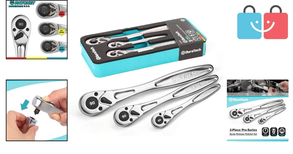 Professional 3-Piece Heavy Duty Ratchet Set with EVA Organizer - Chrome Finish - Image 2 of 4