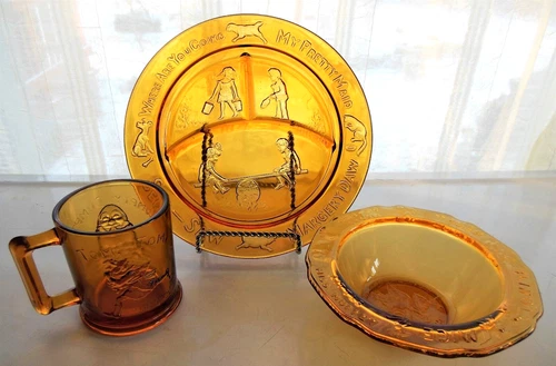 Tiara Indiana Glass Amber Child's Nursery Rhyme Service Set Plate & Bowl & Mug