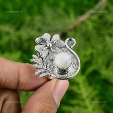 Natural Rainbow Moonstone Stackable Flower Adjustable Ring 925 Silver For Women