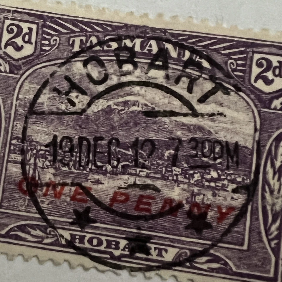 SELLO DE SOBREIMPRESIÓN DE UN CENTAVO DE TASMANIA 1912 CON HOBART SON SOTN CANCELAR Foto 2 de 3