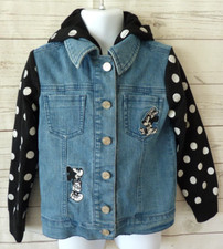 Disney Junior Minnie Jean Denim Jacket Hooded Sweatshirt Size 5 White Polka Dots