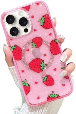 for iPhone 15 Plus Case Strawberry Bling Glitter Cute Pattern, Magnetic [Support