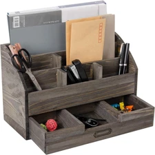 Rustic Wood Desk Organizer and Storage with Drawer and Pen Holder Bill Mail,,