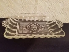 Vintage Anchor Hocking Relish Dish Clear Beaded Daisy Scrolls Rectangle