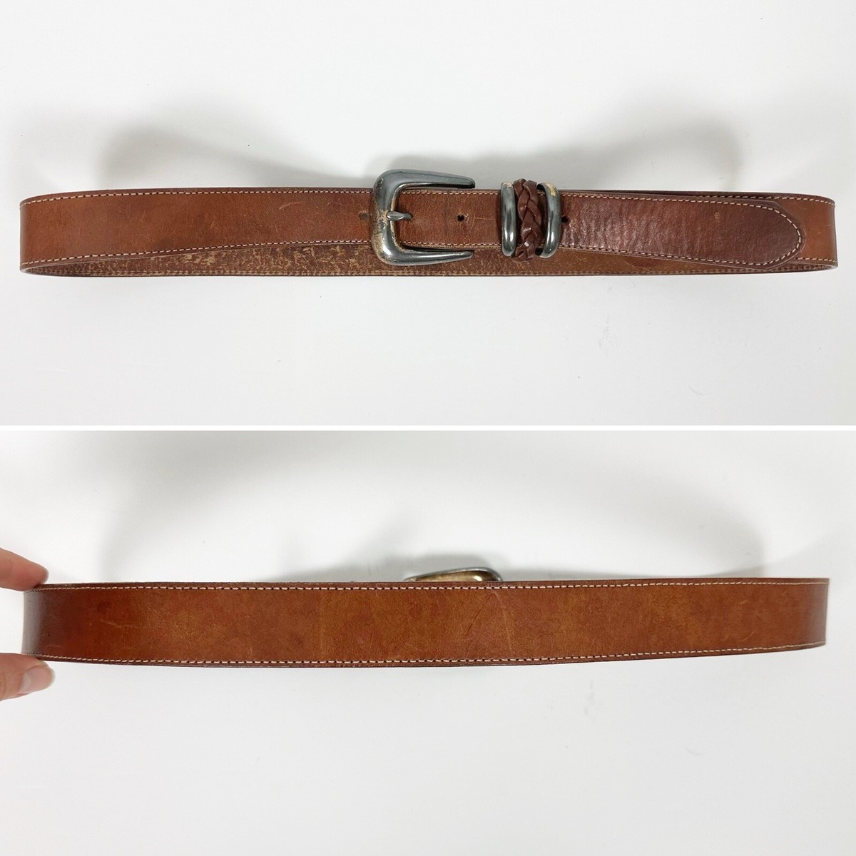 VTG 90s Boston Proper belt in metallic Silver leather & brass size M XLong Thick Black Leather Work Belt Heavy Duty Chunky Brushed  main image 2