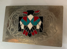 Vintage Nickel Silver 4 Native American Turquoise Inlay Thunderbird Belt Buckle