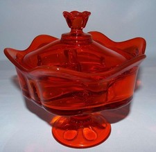 Viking Epic Six Petal Pedestal Candy Dish MCM Persimmon Orange Glass Amberina